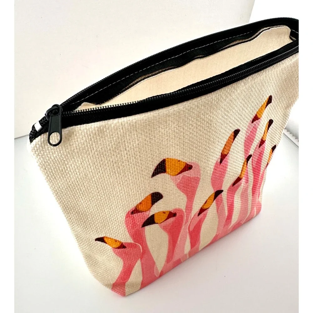 New Flamingo Print Canvas Cosmetic Bag - Pink